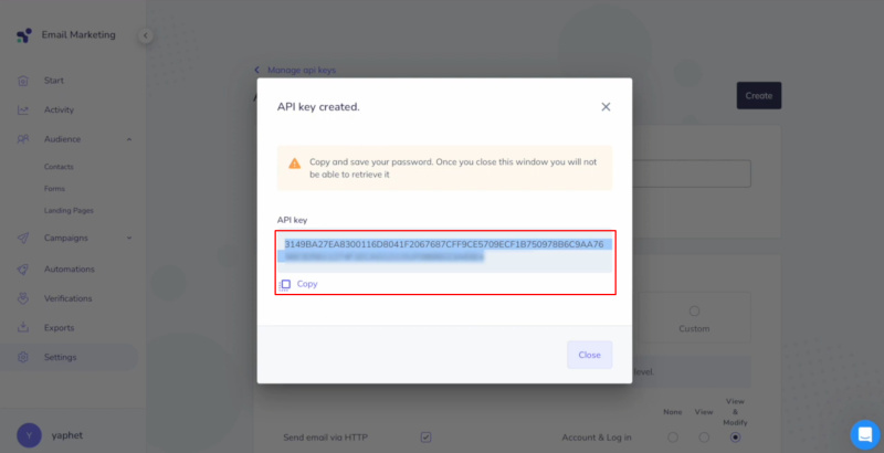 Elastic Email and Facebook integration | Copy the API key