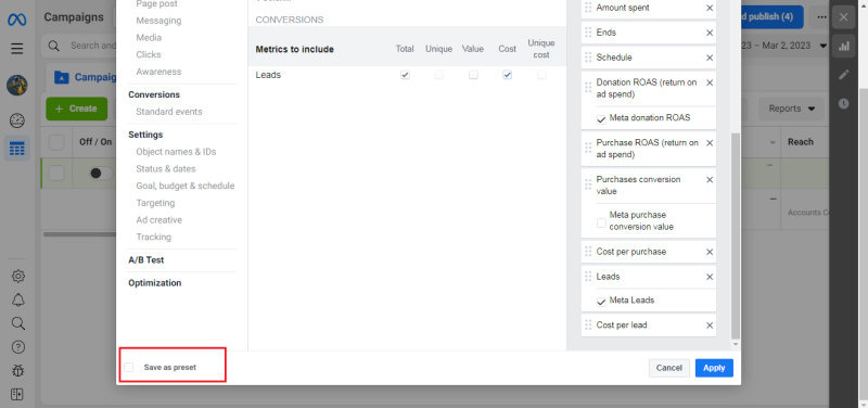 Track Ad Campaign Performance in Ads Manager | Save as preset
