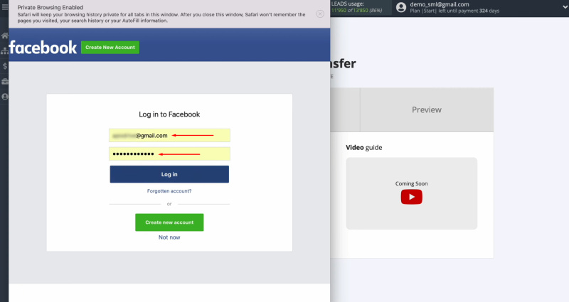 PeopleForce and Facebook integration | Specify your Facebook personal account login and password