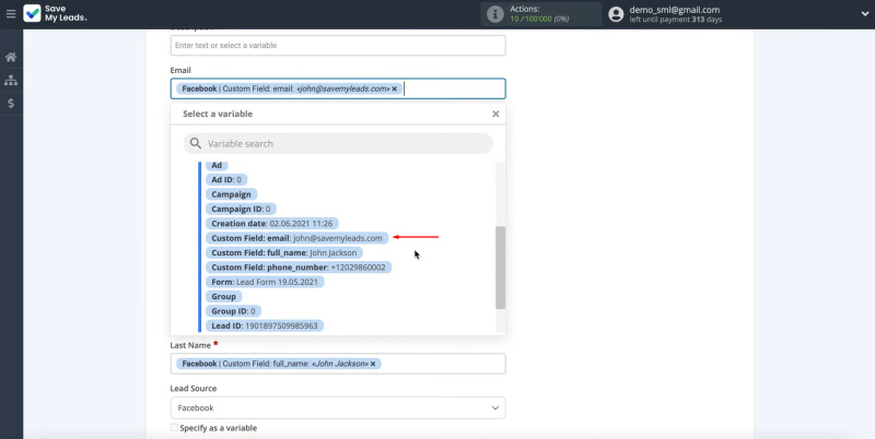 Facebook Lead Ads and Zoho CRM integration | Select a variables