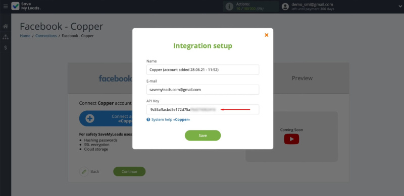 Facebook and Copper integration | Paste the API key into the appropriate field in SaveMyLeads