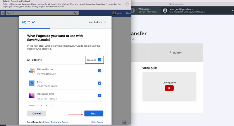 MessageWhiz and Facebook integration | Mark all advertising pages