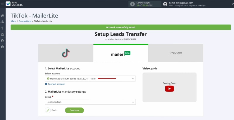 MailerLite and TikTok integration | Select the connected account