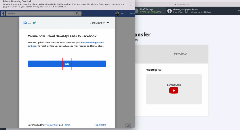 MessageWhiz and Facebook integration | Click on “OK”