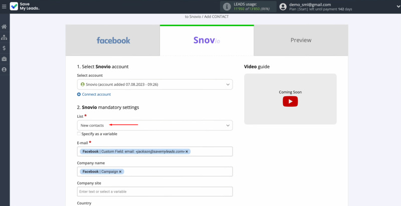 Snov.io and Facebook integration | Select the list