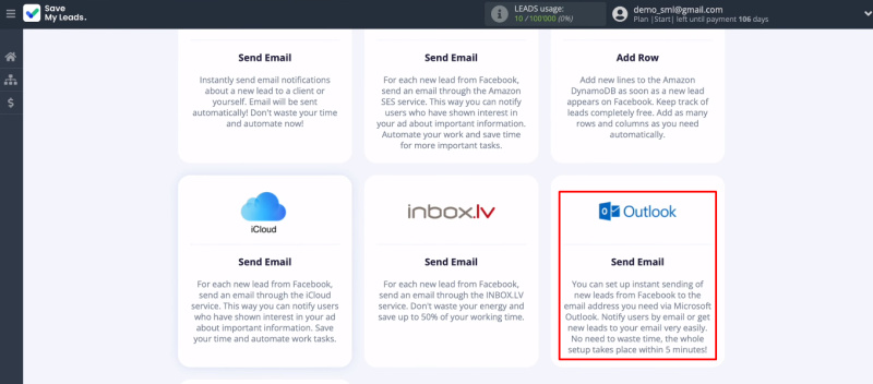 Facebook and Microsoft Outlook integration | Select template&nbsp;“Outlook (Send Email)”