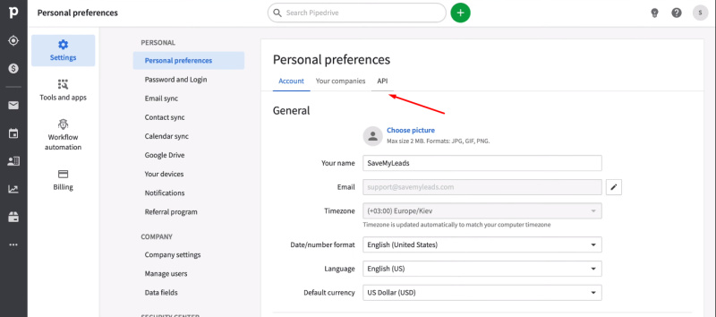 Facebook and Pipedrive integration | Go to the API tab