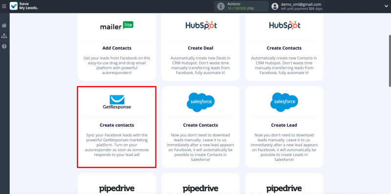 How To Set Up New Leads From Facebook To GetResponse | Choosing integration with GetResponse
