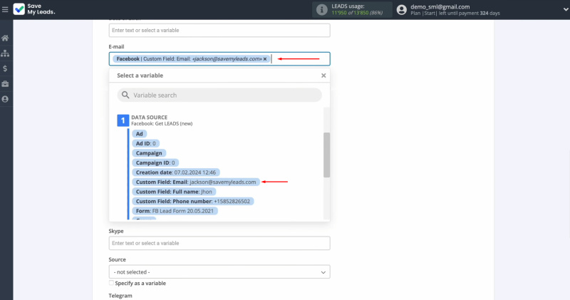 PeopleForce and Facebook integration | Select variables from the drop-down list