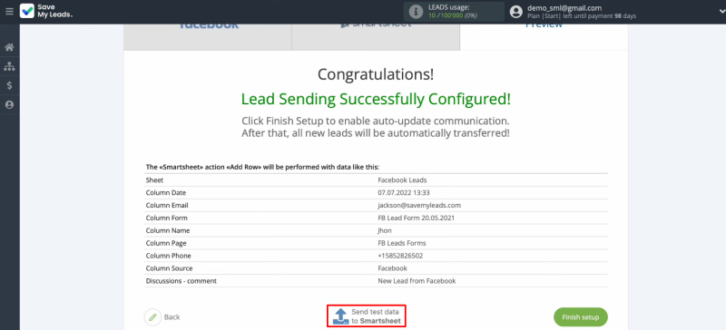 Facebook Lead Ads and Smartsheet integration |&nbsp;Send test data to Smartsheet