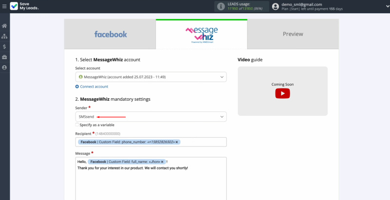 MessageWhiz and Facebook integration | Select a sender