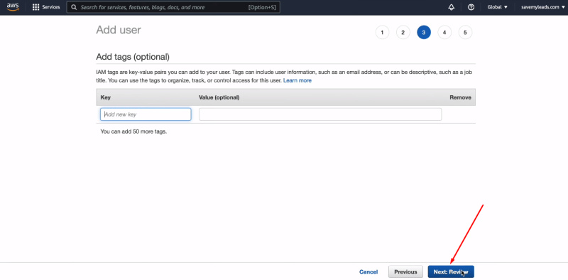 Facebook and Amazon DynamoDB integration | Click "Next: Review"