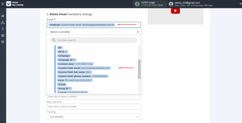 Elastic Email and Facebook integration | Select a variable from the drop-down list