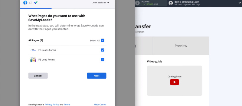 Facebook and Mailigen integration |&nbsp;Select ad pages for work in the SML