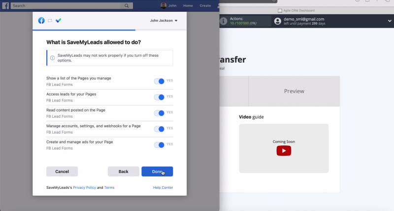 Facebook and AgileCRM integration | Activate access checkboxes