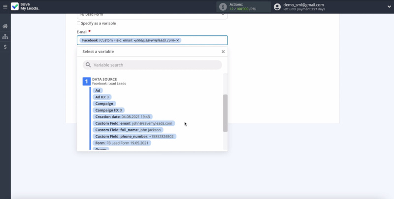 Facebook and Mailjet integration | Example of choosing a variable for a specific field&nbsp;