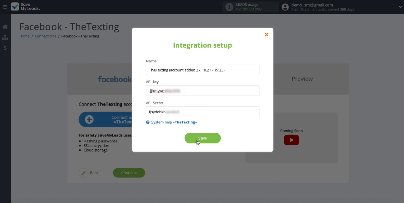 Facebook and The Texting integration | Continue setup