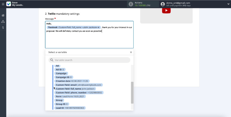 Facebook and Twilio integration | Specify a variable