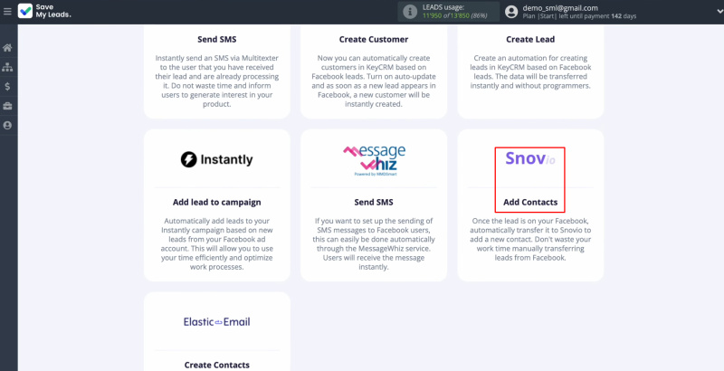 Snov.io and Facebook integration | Select the system where you need to transfer new leads