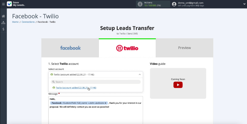 Facebook and Twilio integration | Choose your account