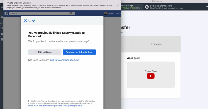Facebook and Instantly integration | Go to settings