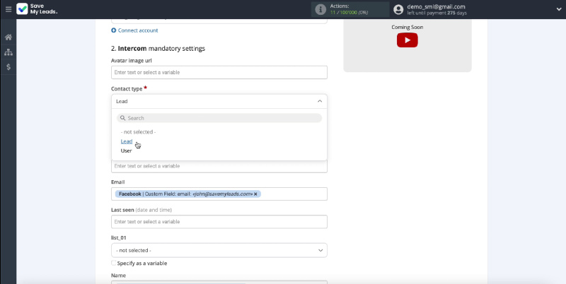How to Create Intercom Leads from New Facebook Leads | Specify the type of contact