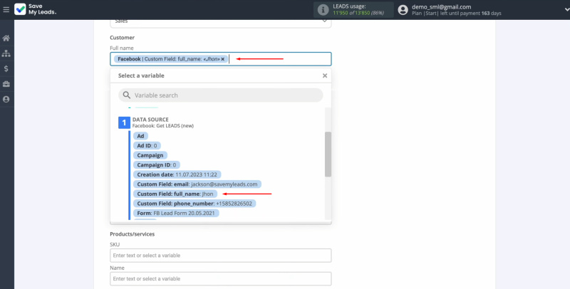 Facebook and KeyCRM integration | Select a variable from the drop-down list