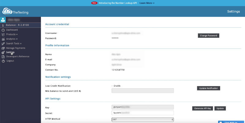Facebook and The Texting integration | Copy API Key and Secret