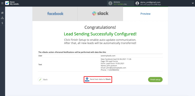 How to set up the upload of new leads from Facebook ad account to Slack private messages |&nbsp;Sending test data to Slack