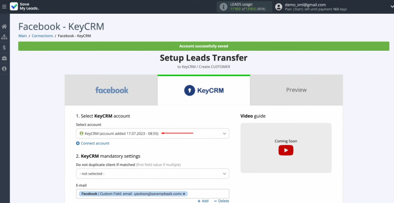 Facebook and KeyCRM integration | Select the connected account