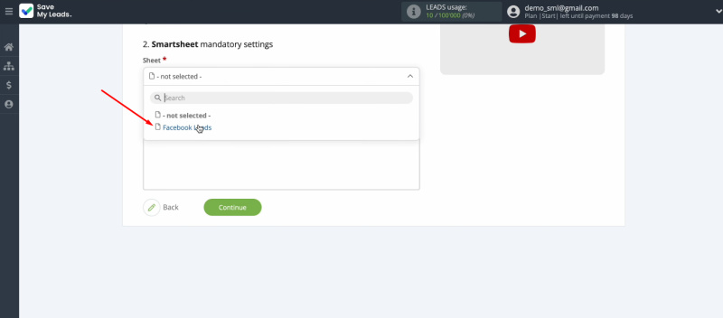 Facebook Lead Ads and Smartsheet integration | Select the sheet