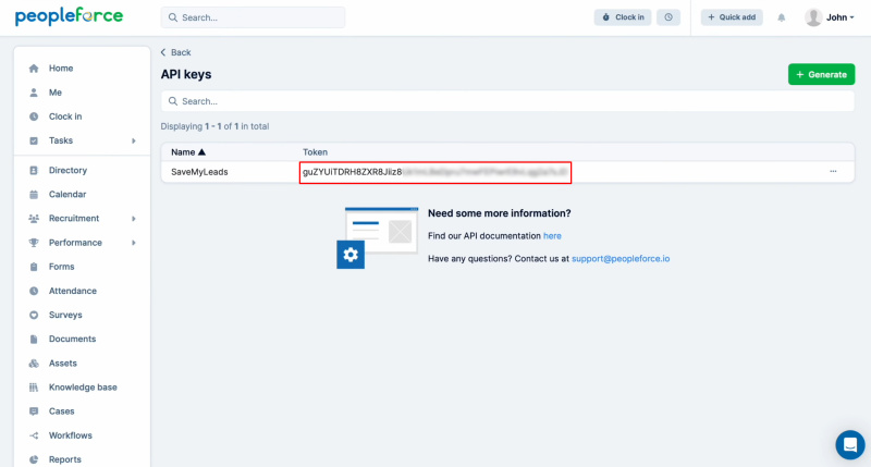PeopleForce and Facebook integration | Copy the API key