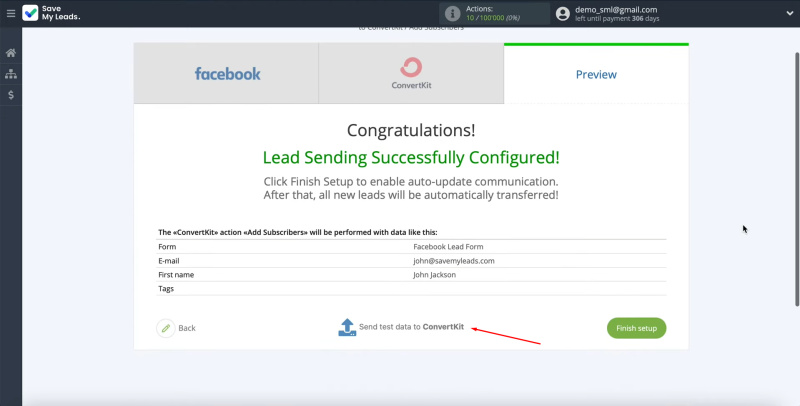 Facebook and ConvertKit integration | Send test data to ConvertKit