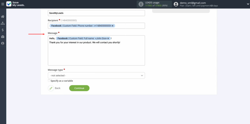 Telesign and Facebook integration | Create a message that will be sent as an SMS