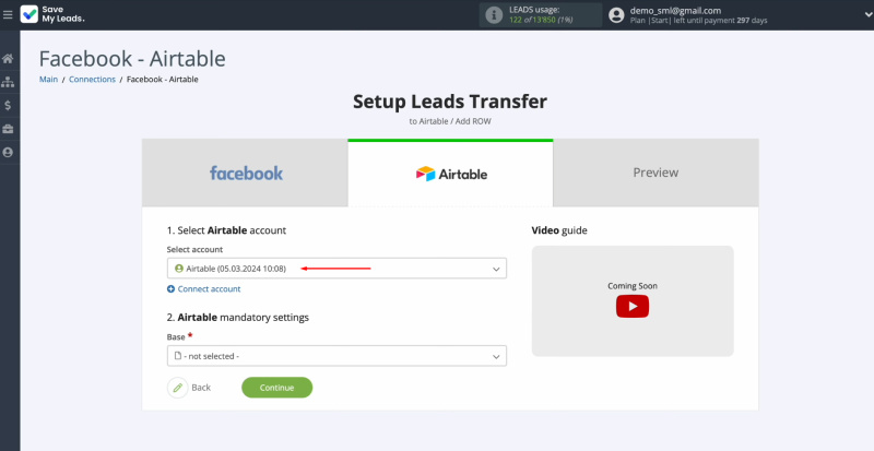 Facebook and Airtable integration | Select the connected login