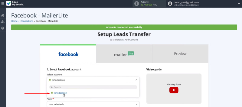 Facebook and MailerLite integration | Select Facebook account