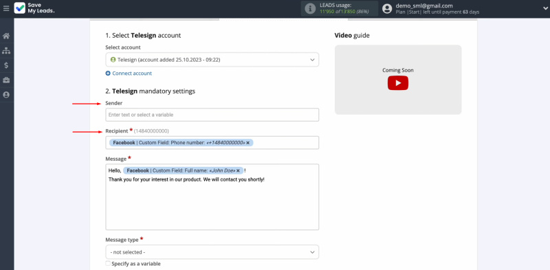 Telesign and Facebook integration | Telesign fields for sending SMS messages