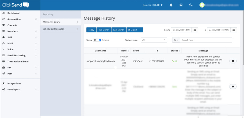 ClickSend and SaveMyLeads integration | Example of an automatically sent message