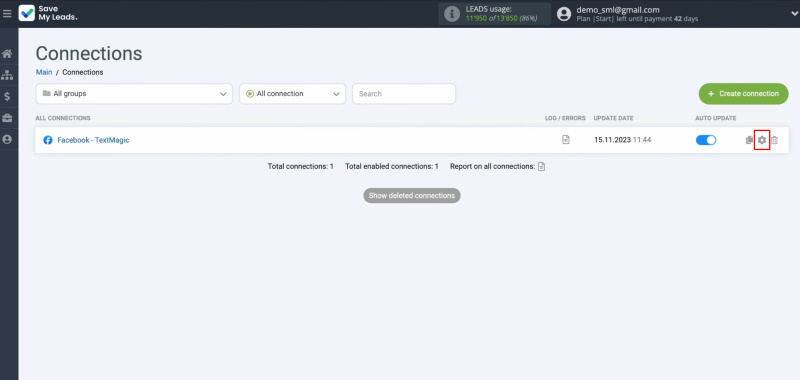 Textmagic and Facebook integration | Click on the gear icon