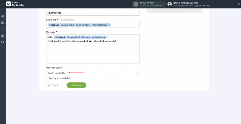 Telesign and Facebook integration | Select the message type