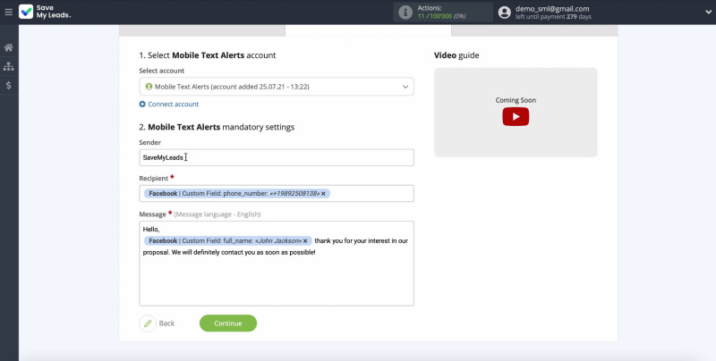 Facebook and Mobile Text Alerts integration | Fill in the Sender field