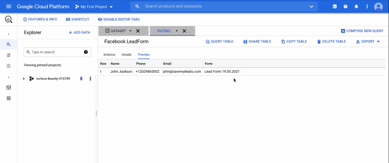 Facebook and Google BigQuery integration | Communication is configured