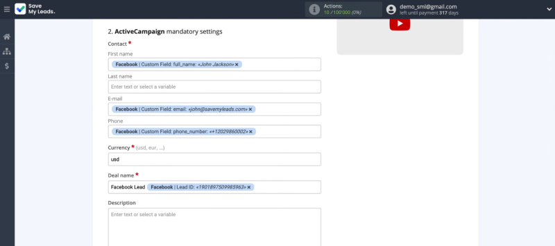 Facebook and ActiveCampaign integration | Preset values