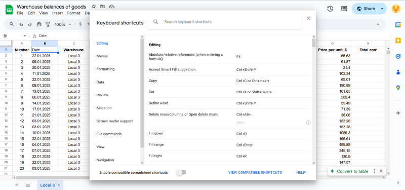 Keyboard shortcuts
