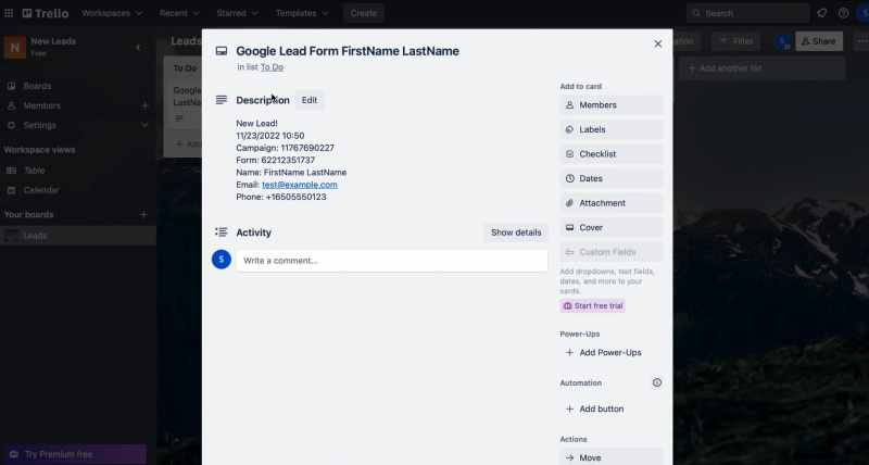 Google Lead Form and Trello integration | Go to Trello and check the result