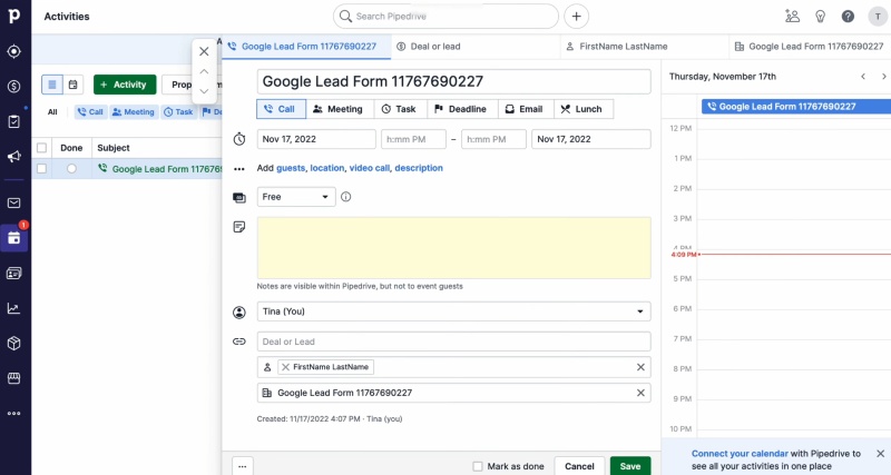 Google Ads Lead Form and Pipedrive integration | Result of the data transfer to Pipedrive