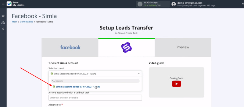 Facebook and Simla integration | Select Simla account