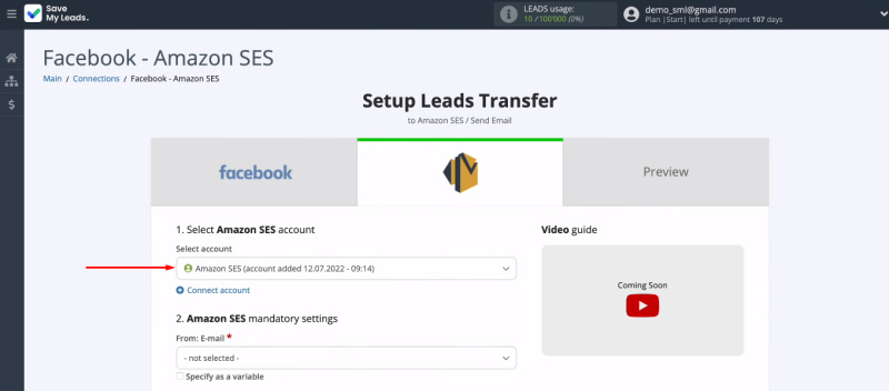 Facebook and Amazon SES integration | Select Amazon SES account