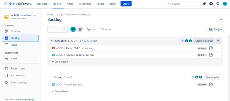 Jira Review | Backlog tab