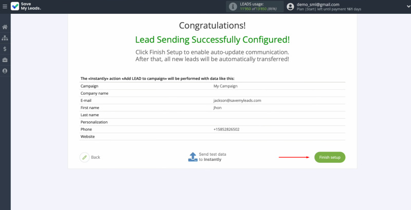 Facebook and Instantly integration | Click on “Finish setup”
